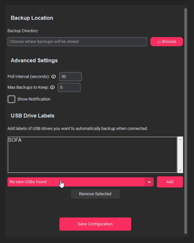 TITS Backup Settings Screenshot